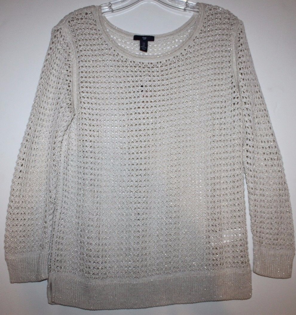 Gap NWT Women S M Ivory Open Weave Crochet Sweater w/ Metallic Threads