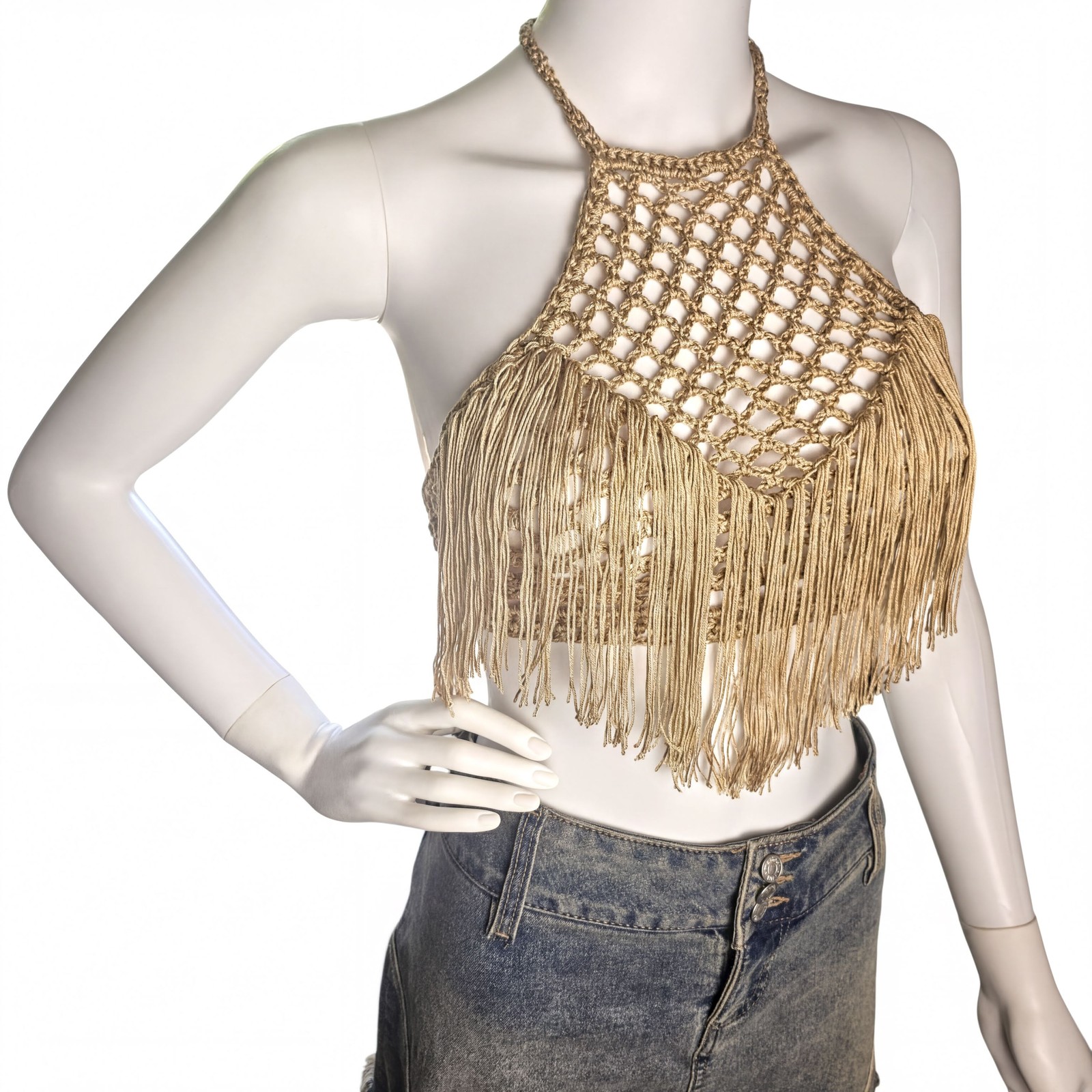 Handmade Crochet Halter Top Gold Small Fringe Boho Festival Sleeveless