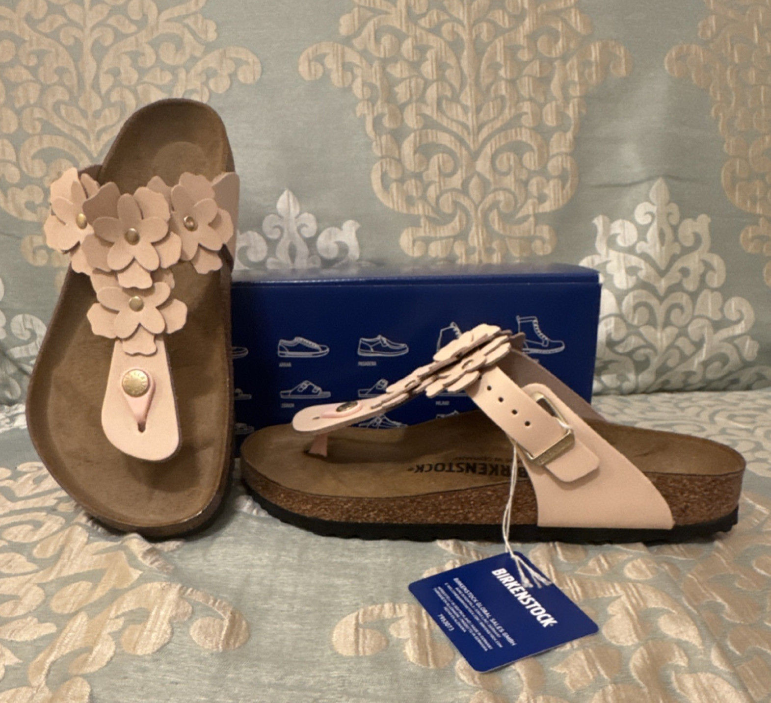 Birkenstock Gizeh Pink Floral Thong Sandals Leather Buckle EU40 Regular L Size 9