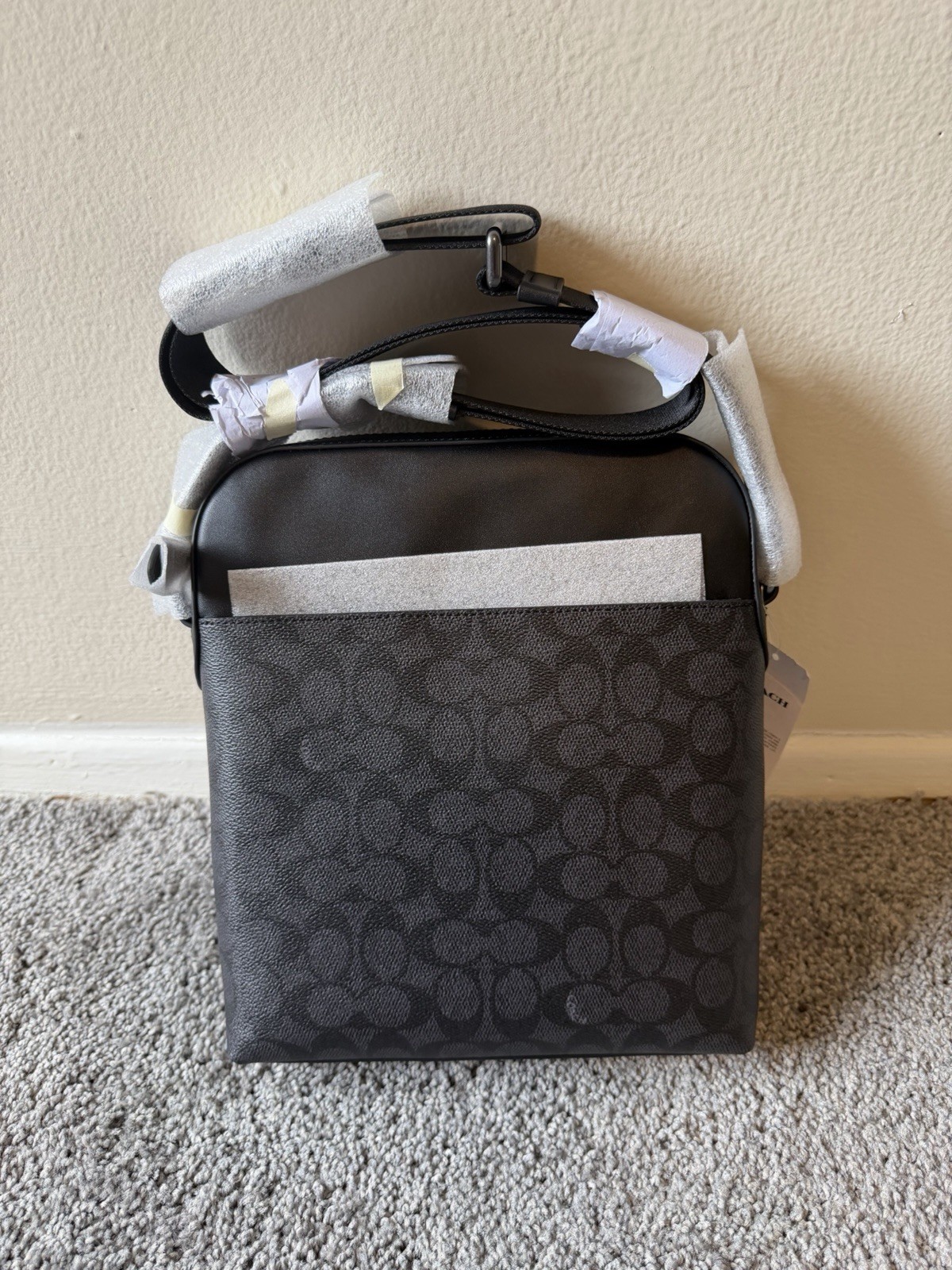 Coach Men’s Houston Flight Bag In Signature Canvas/Charcoal/Black Brand New