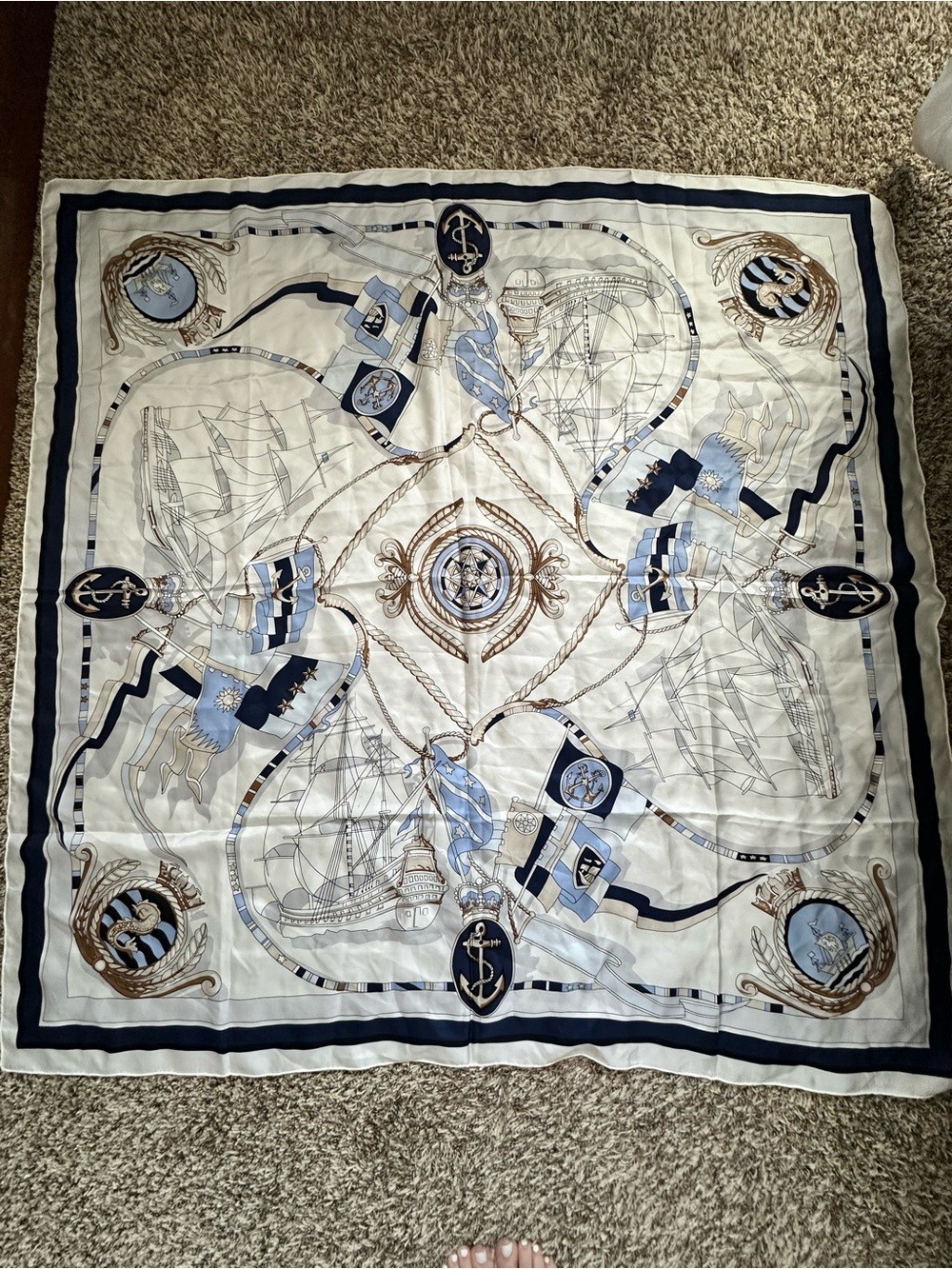 100% Silk Scarf Nautical Chain Print in Navy Light Blue Made in France