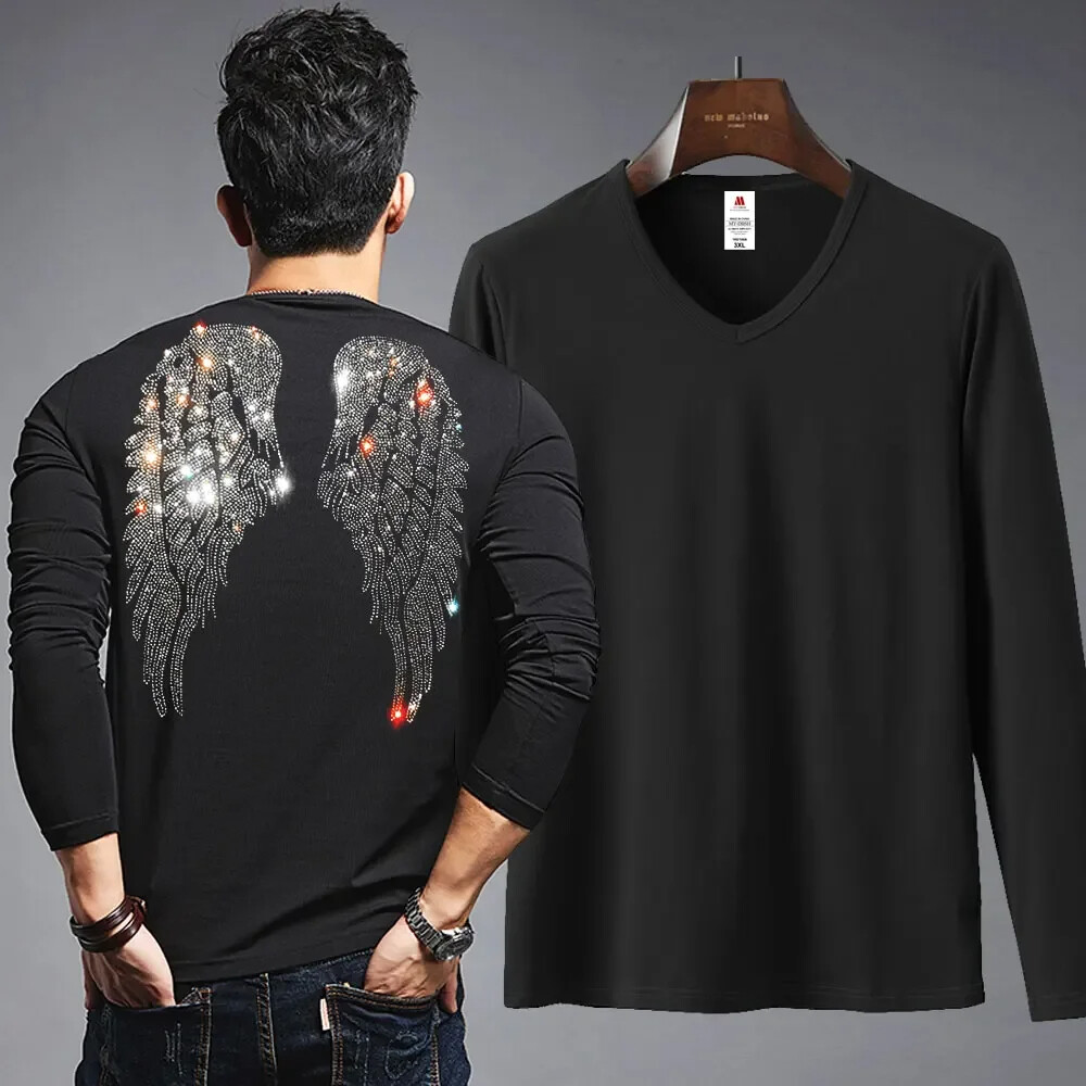 Fashion Trend Wings Rhinestones Streetwear Long Sleeve Luxury Men V-Neck T-Shirt
