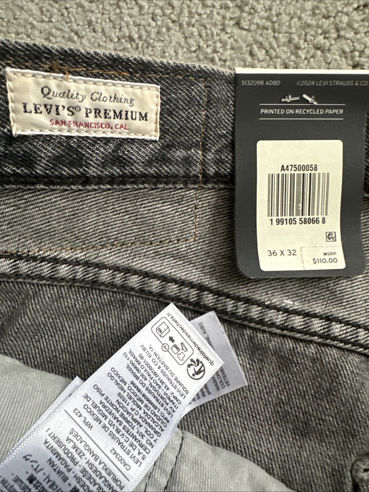 Levi ‘s Premium Men’s 578 Baggy Throughout Denim Jeans Sz. 36Wx32 Gray New