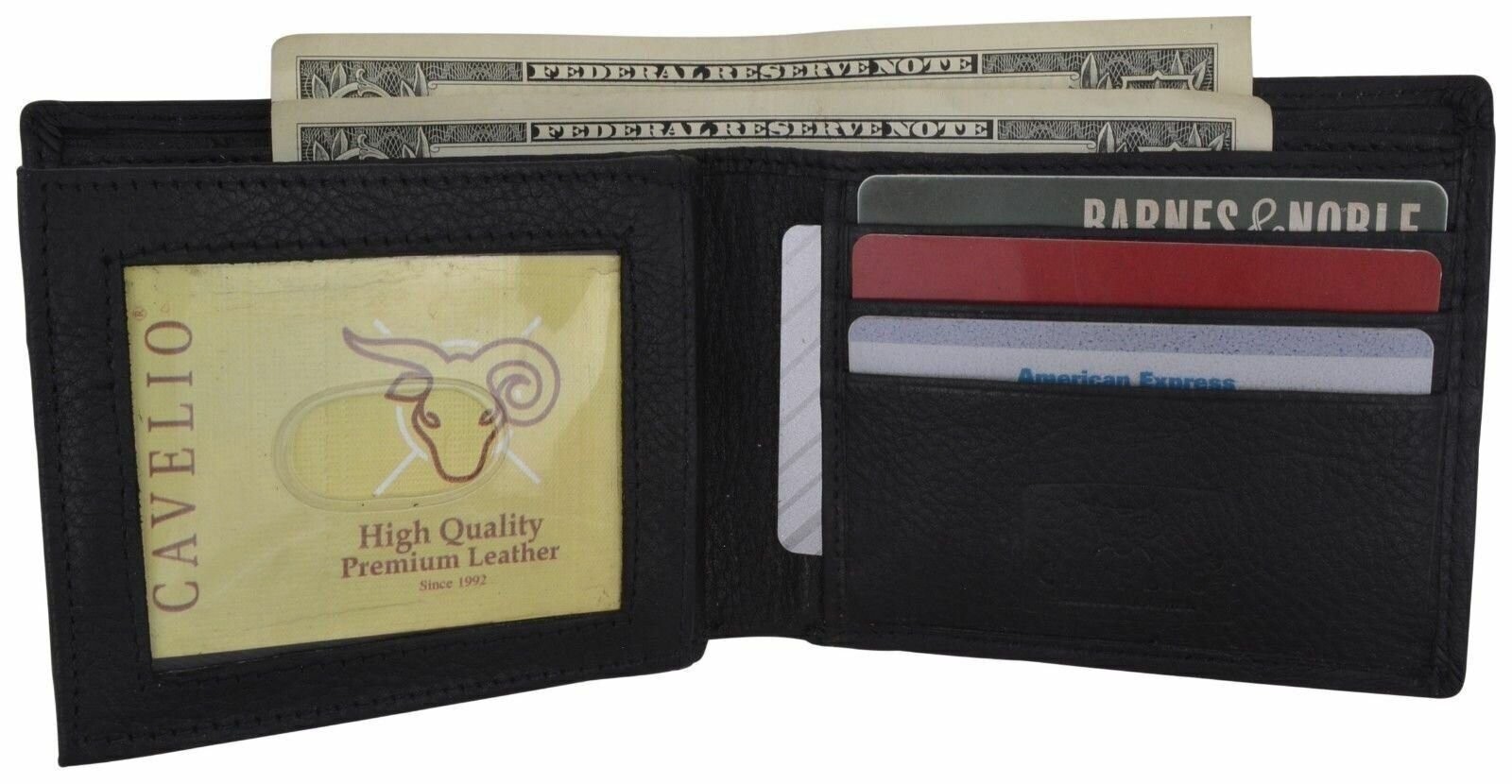 Bifold Mens Black Premium Leather Middle Flap ID Card Holder Wallet Cavelio Box