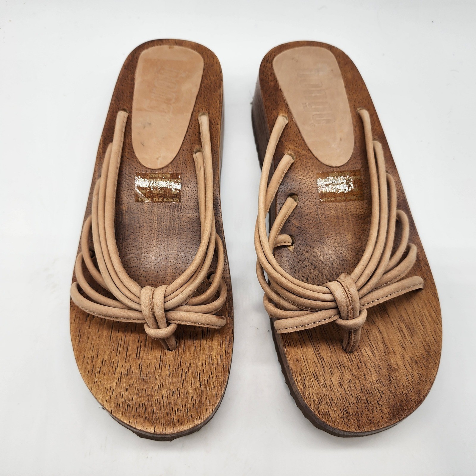 Bongo Vintage Y2K Wooden Platform Sandals Women’s 8M Tan Leather Strappy Wedge
