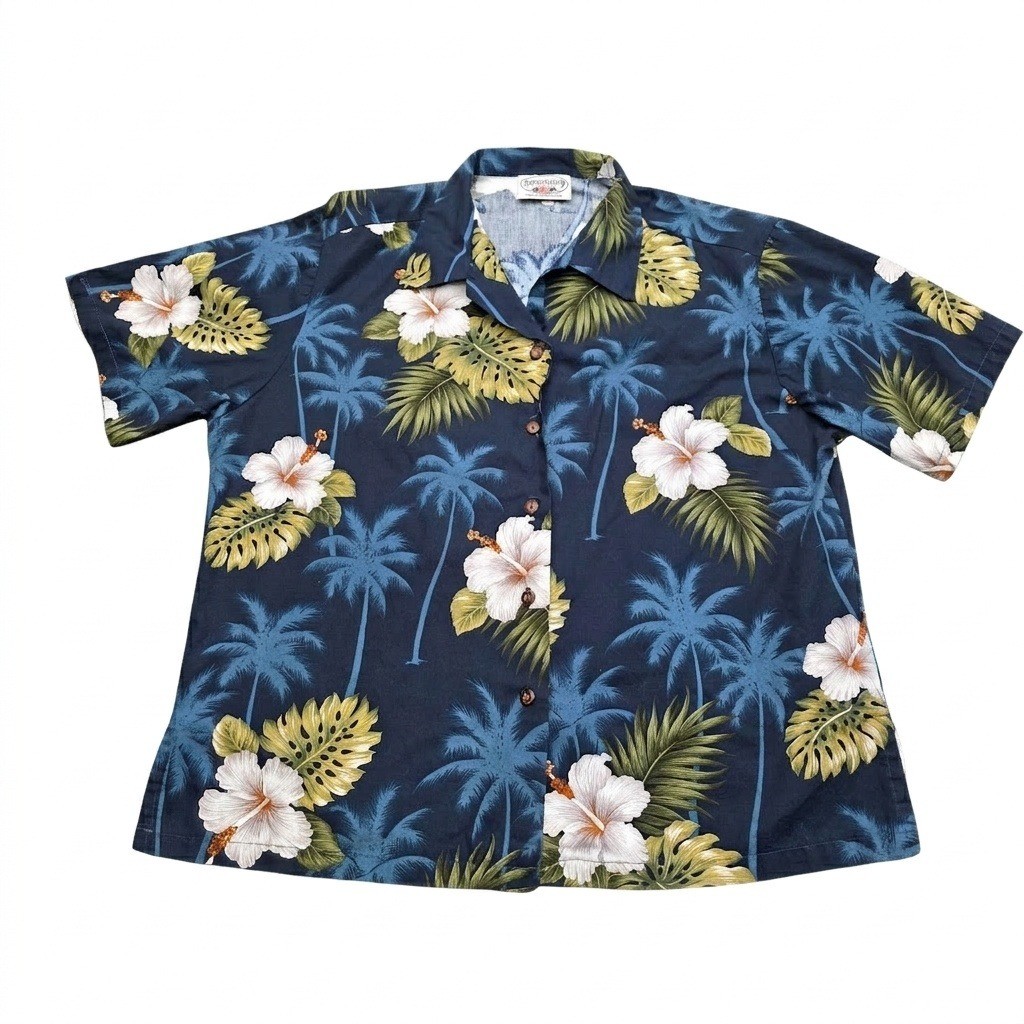 Men’s Large Pacific Legend Hawaiian Shirt Blue Hibiscus Palm Tree Aloha Made In