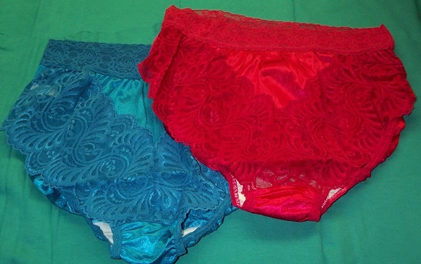 2 Pair SIZE 14 Blue & Red 100% Nylon Fancy Lace Front Panty Made in USA