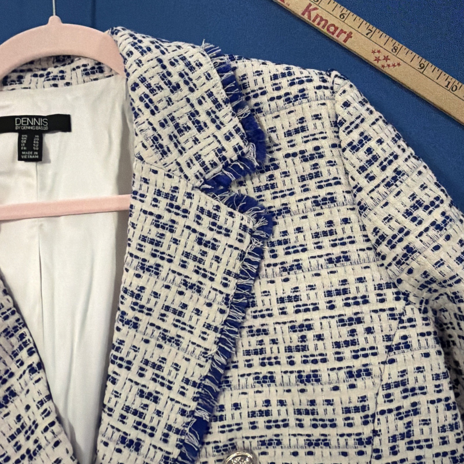 Dennis Basso Tweed Notched Lapel Jacket Size 16 Blue / White Fray Lined – New