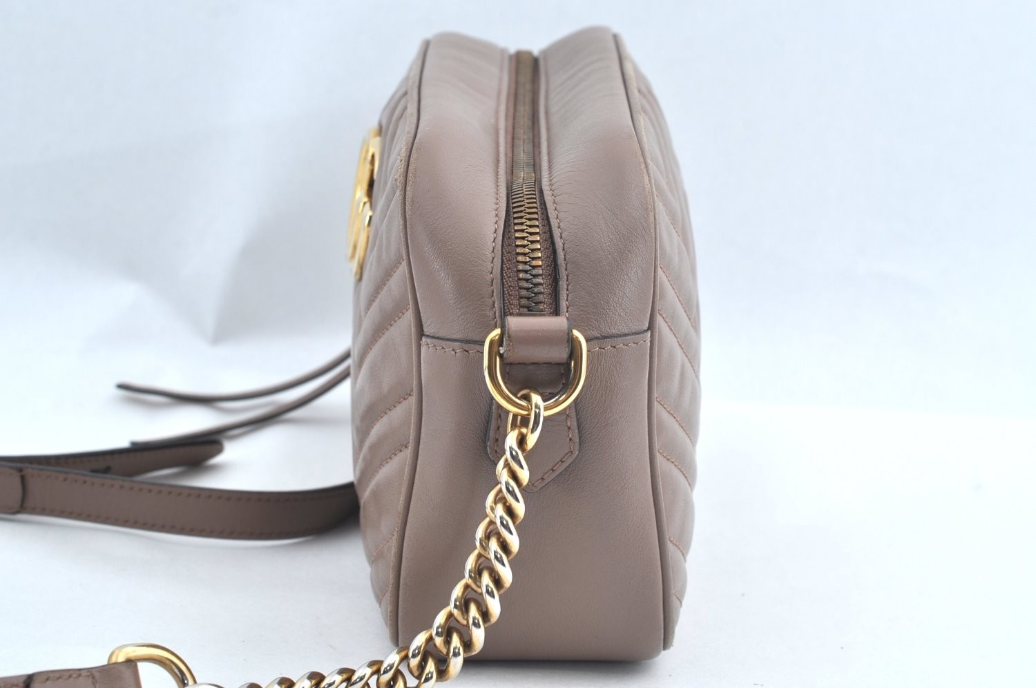 Auth GUCCI GG Marmont Chain Shoulder Cross Body Bag Leather 447632 Beige AA174