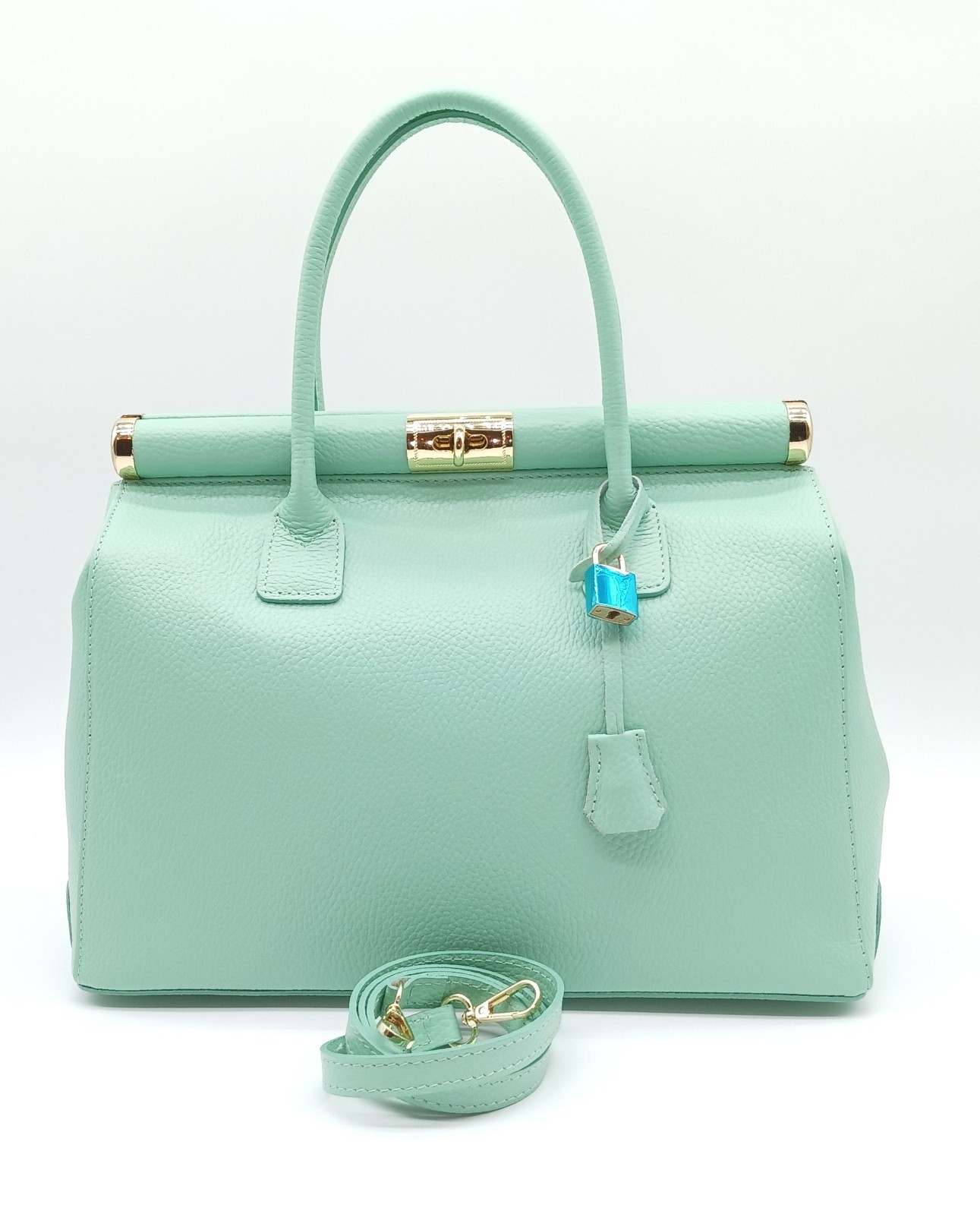 Italian Genuine Pebble Leather Handbag Satchel – Made In Italy – Mint Green