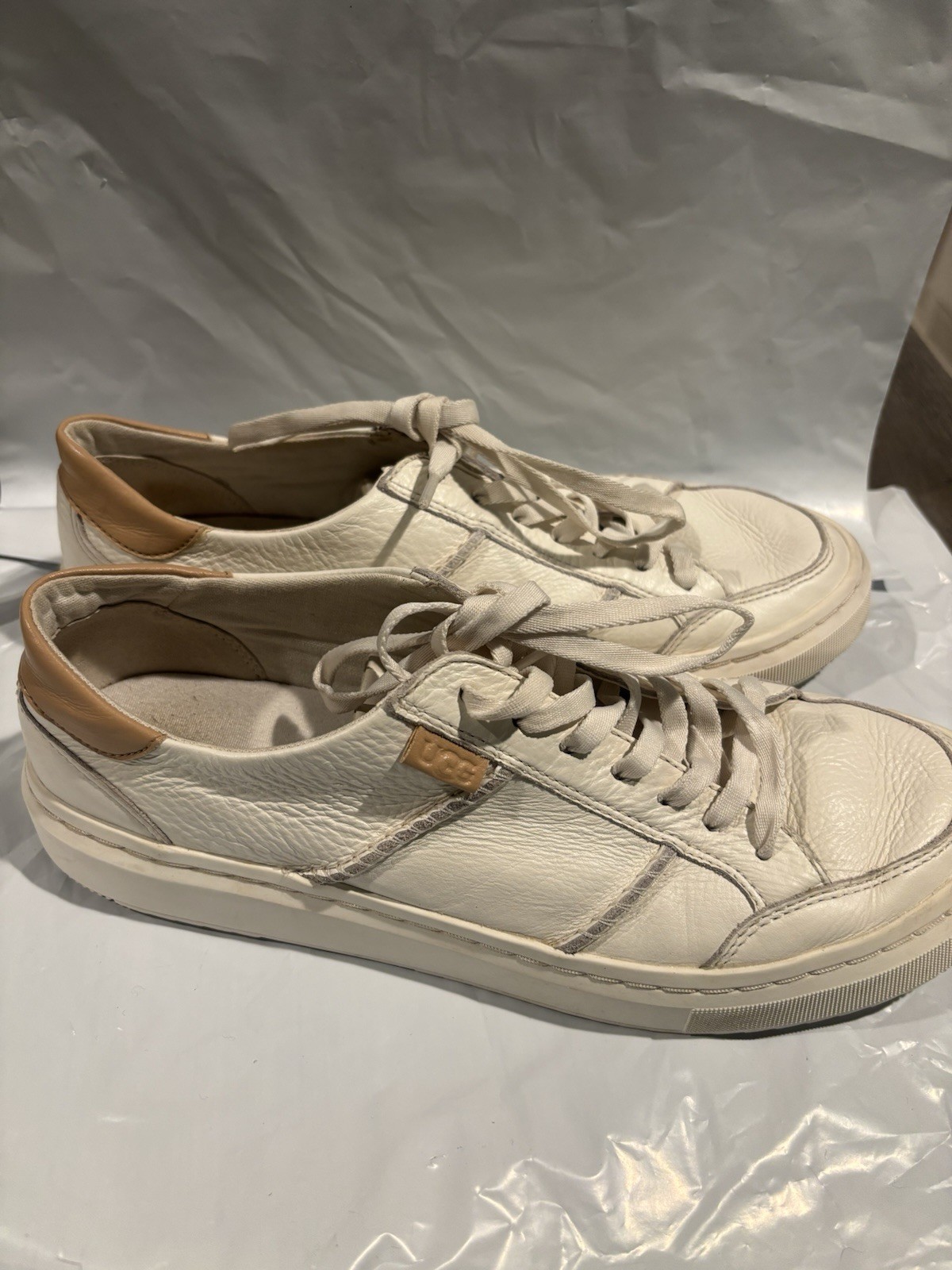 UGG Men’s White Textured Leather Lace Up Casual Sneakers Rubber Outsole
