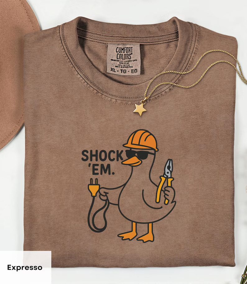 Funny Electrician T-Shirt Shock Em Duck Lineman Blue Collar Gift Top