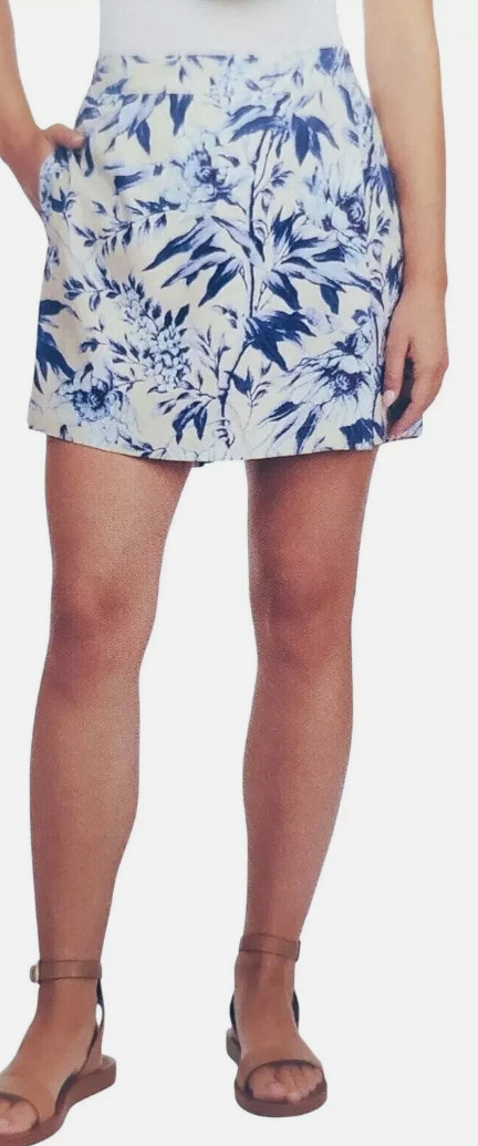 Womens Ellen Tracy Skort Blue Floral Linen Blend Choose Size