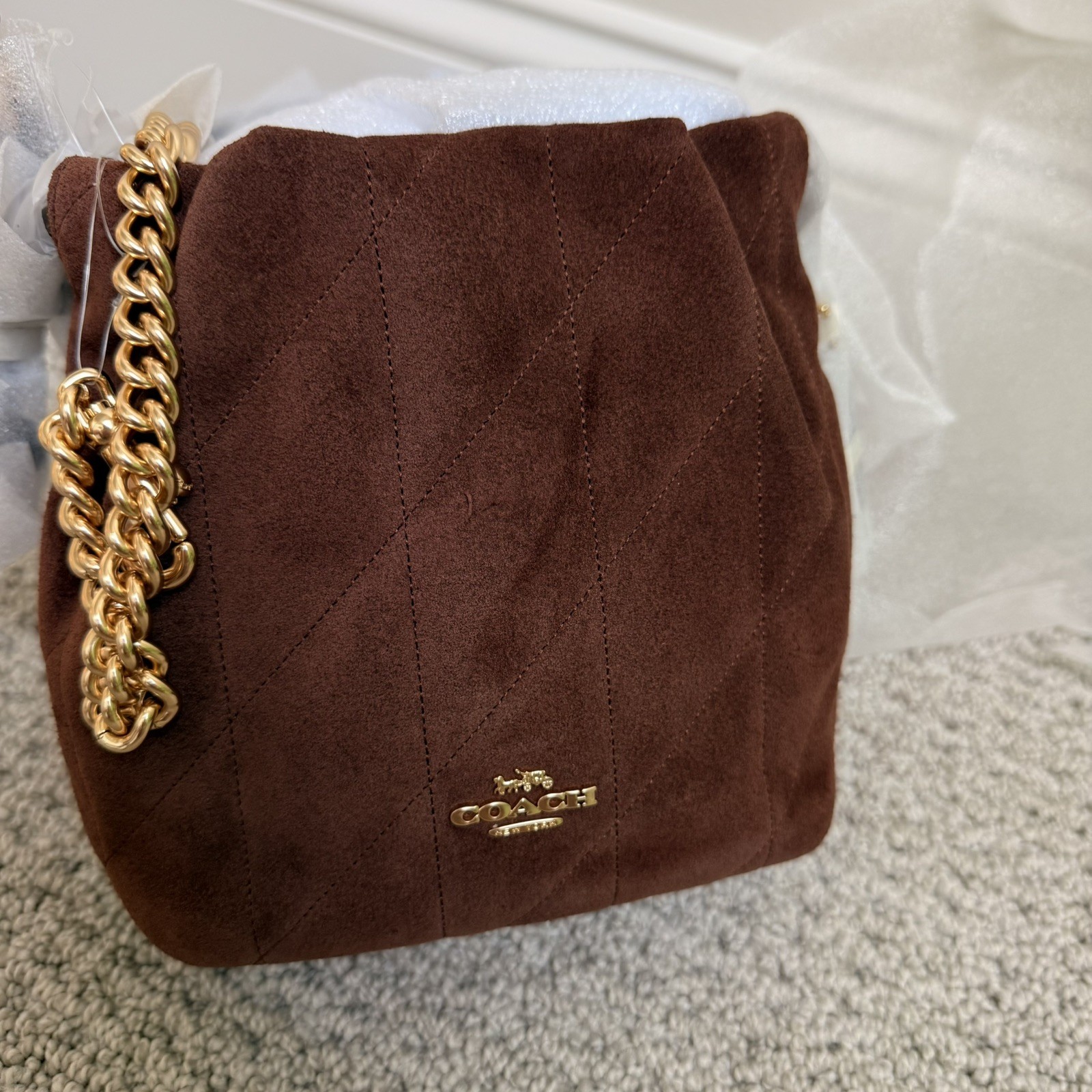 🤎 NWT COACH Faye Mini Drawstring Bag With Quilting Suede & Leather CDC42 Brown