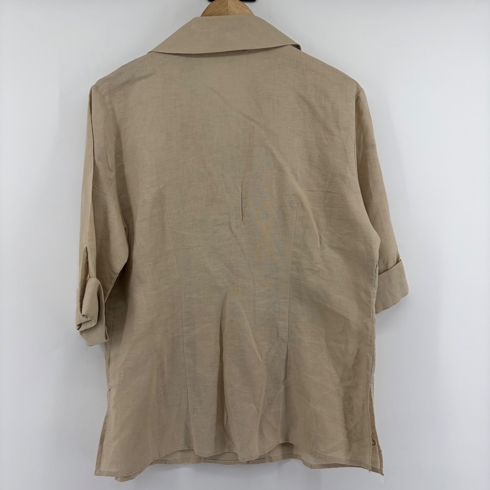 Harve Benard Linen Cotton Floral Soutache Embroidered Button Up Blouse Beige L