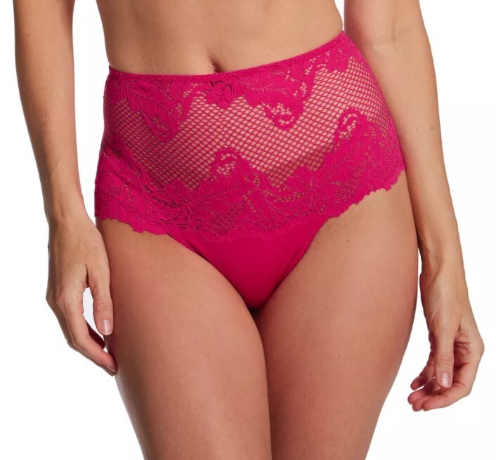 NWT Le Mystere 7946 “Lace Allure” Hi-Waist Lace / Fishnet Thong, Hot Pink