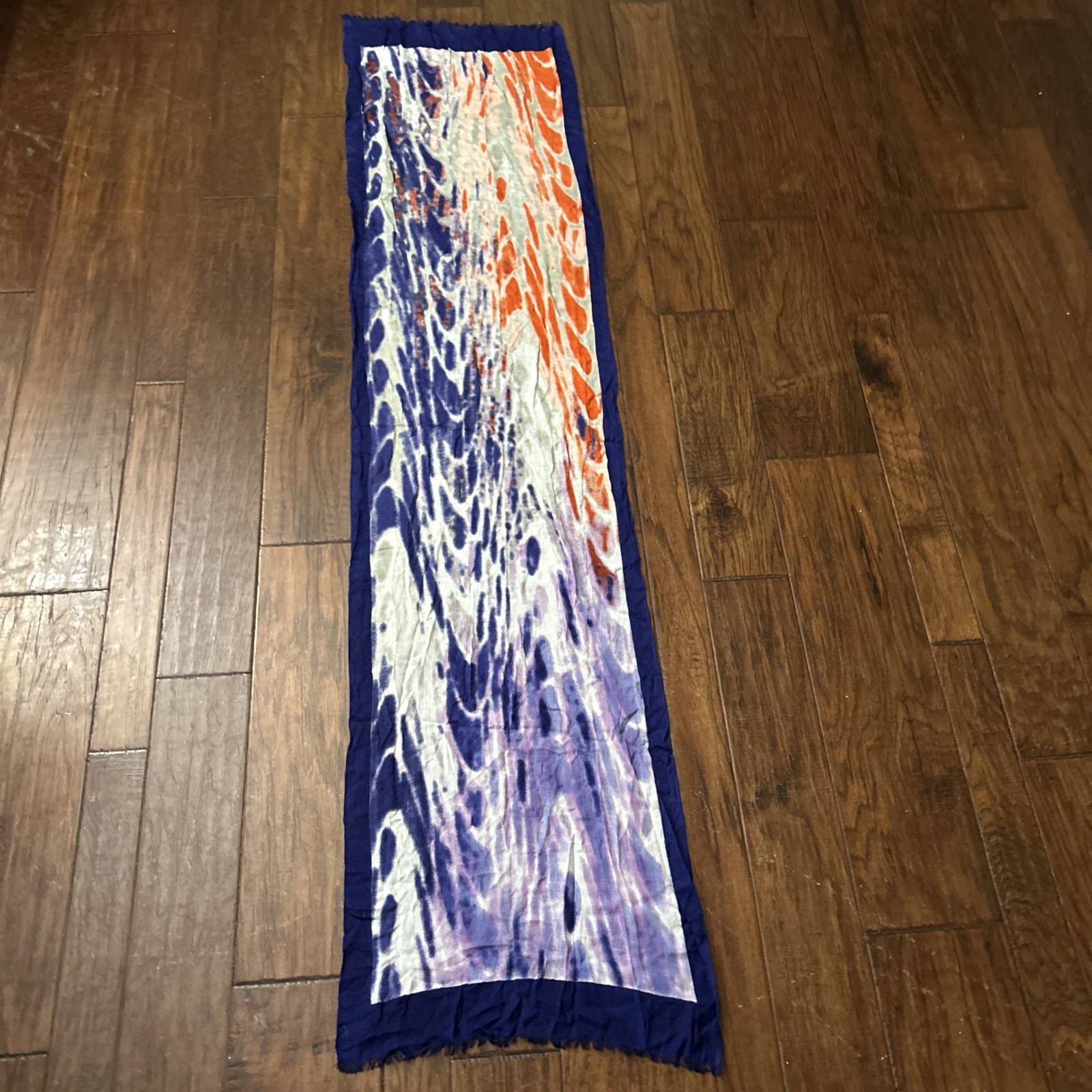 Blue Purple And Red abstract Ty Dye pattern semi-sheer long scarf fringe ends.