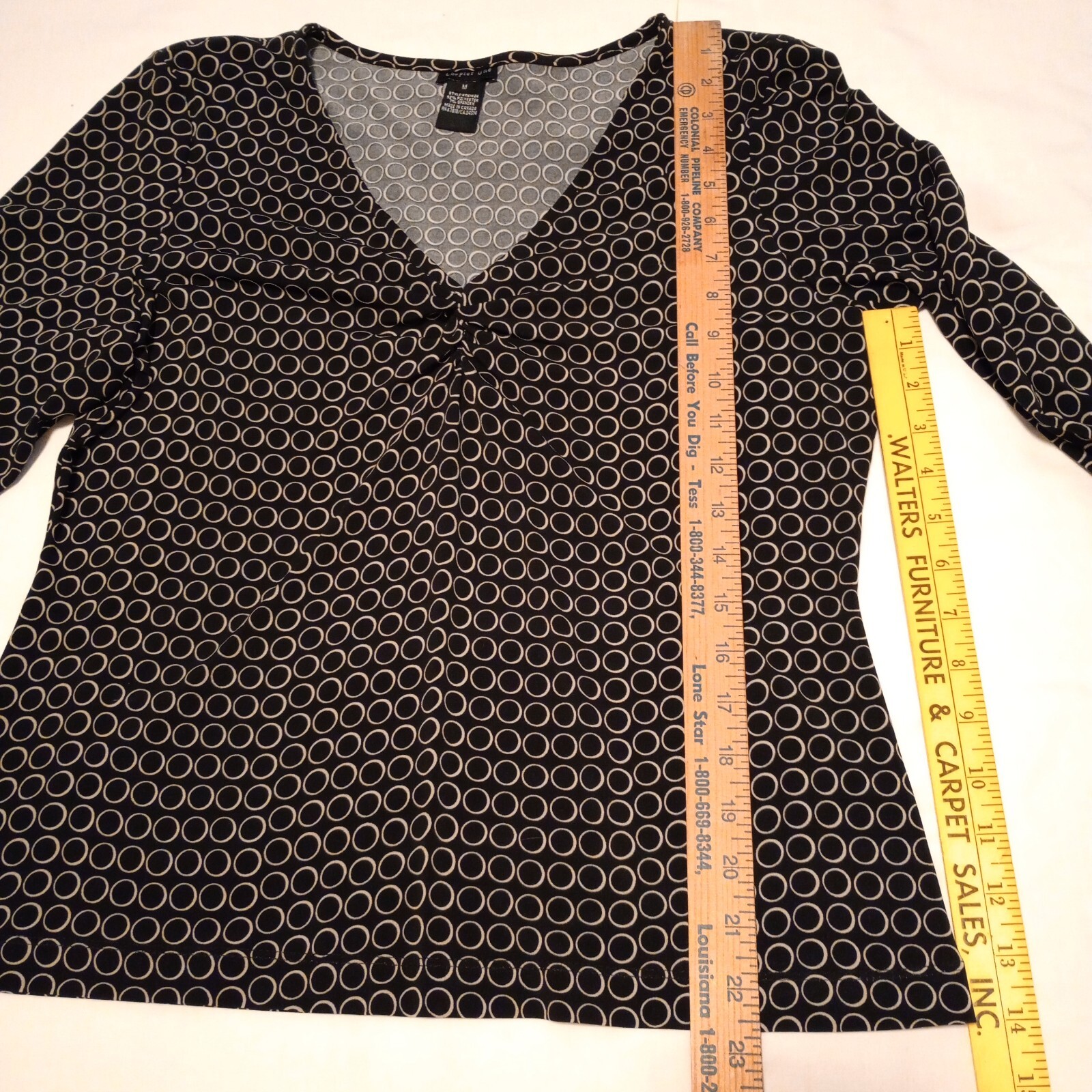 Chapter One Women’s Ruched Blouse Size M Black Beige Circles Knit Dressy EUC