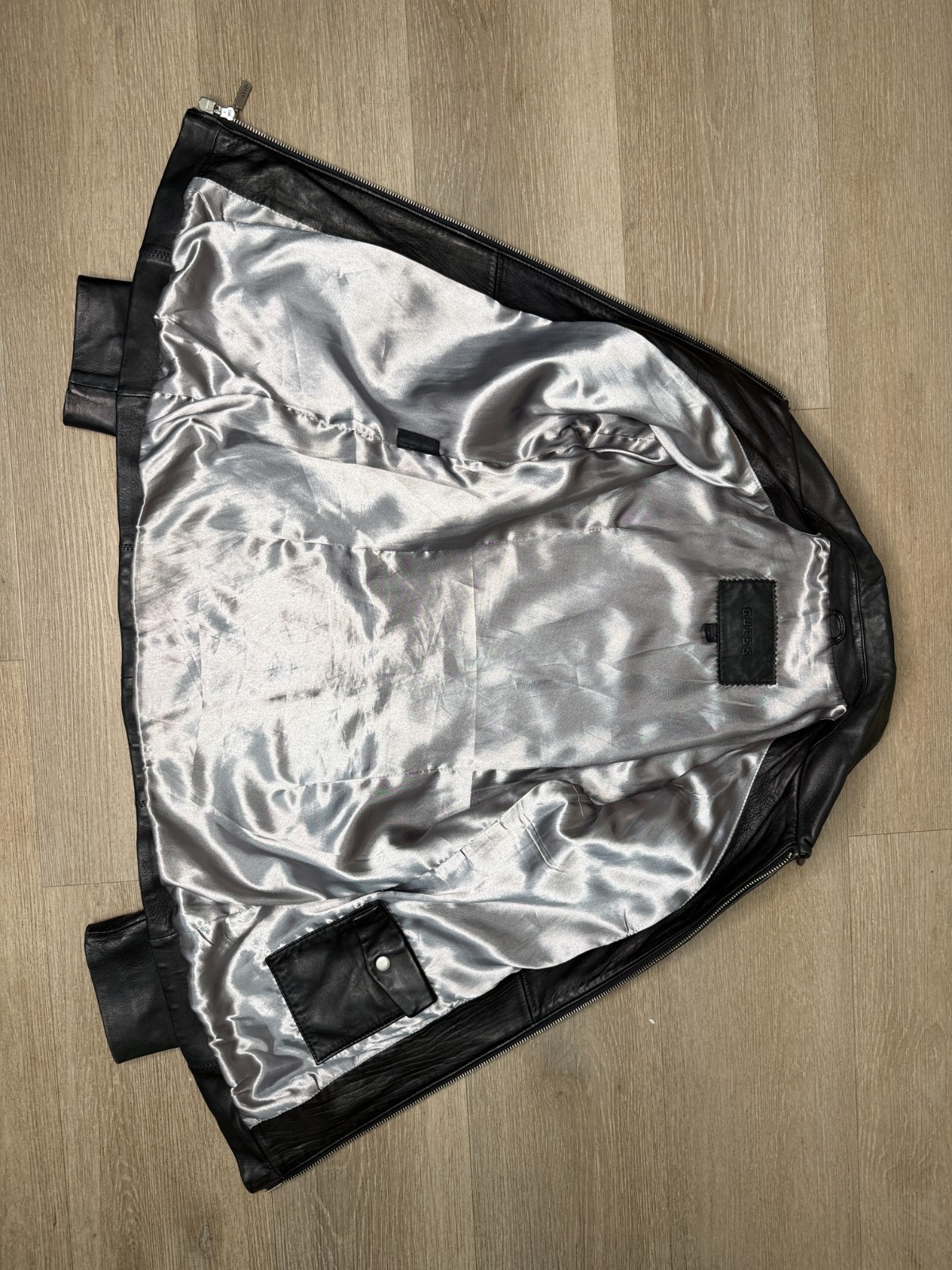 Vintage Guess Genuine Leather Jacket Women’s Black Moto Biker Zip Coat Size S