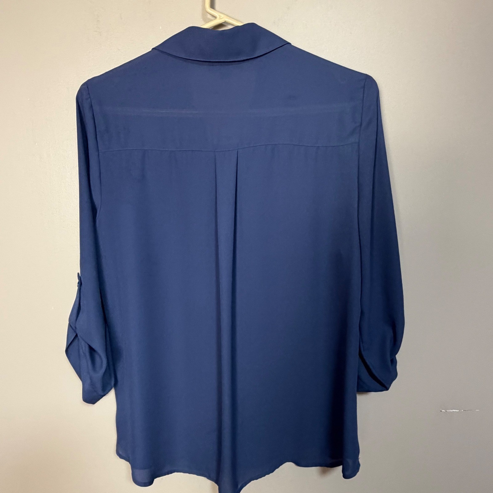 By & By Womens Large Blue Roll Tab Sleeve Button Down Blouse Chest Pockets