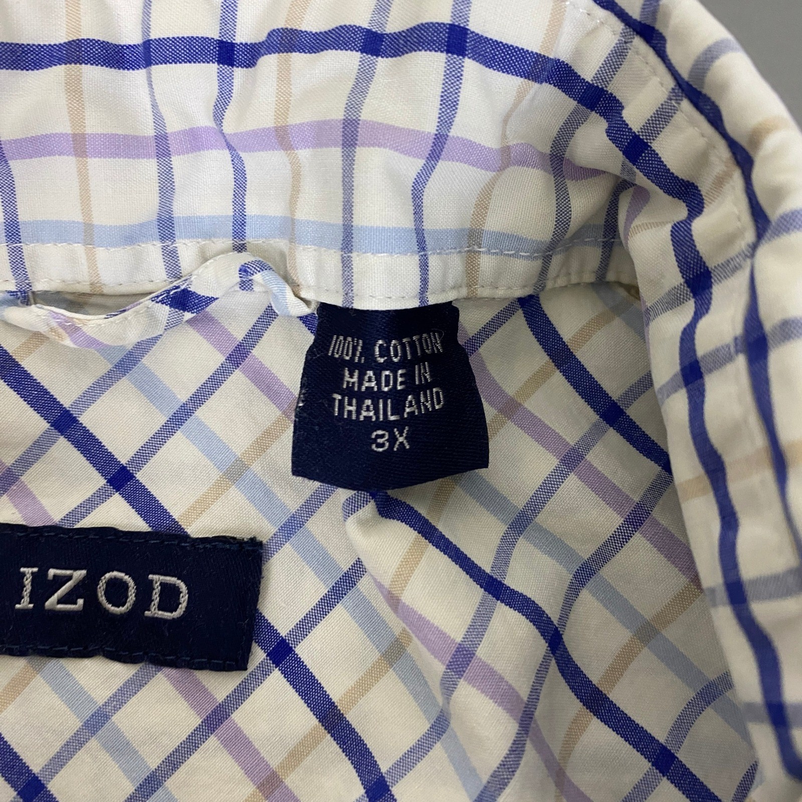 IZOD Button Down Shirt Men’s Size 3X Plaid Long Sleeve White Blue Purple Cotton