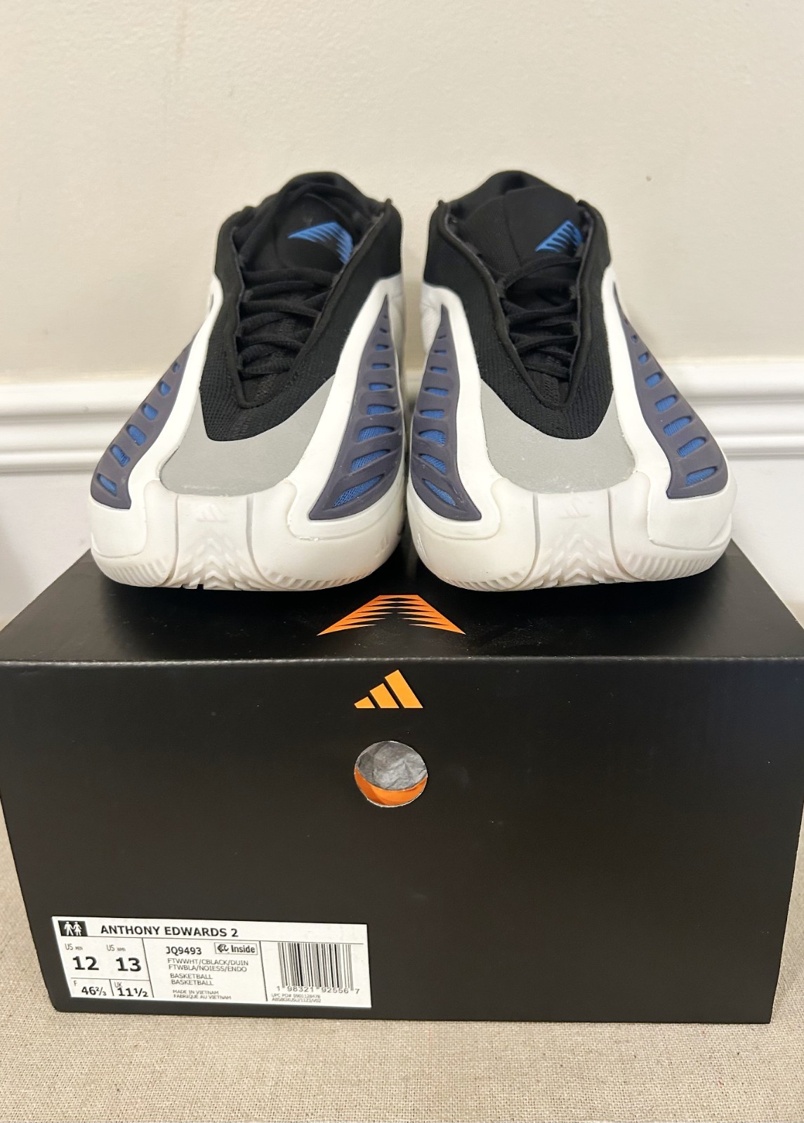 New Adidas Anthony Edwards 2 White Black Blue -JQ9493 Basket Ball Shoes Size 12