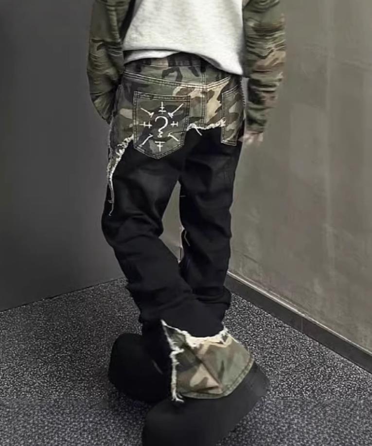 Men’s Black Denim Camouflage Mixed Straight Leg Casual Pants Jeans Punk Hip Hop