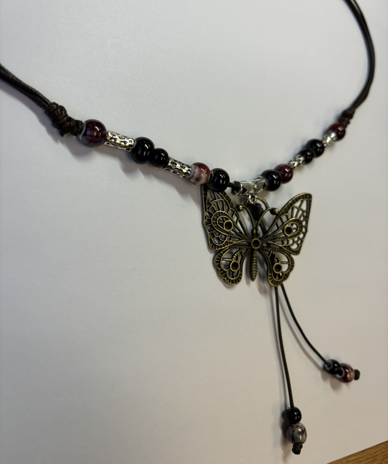 Black White Bead Silver Butterfly Pendant Charm Blessing Vintage Necklace