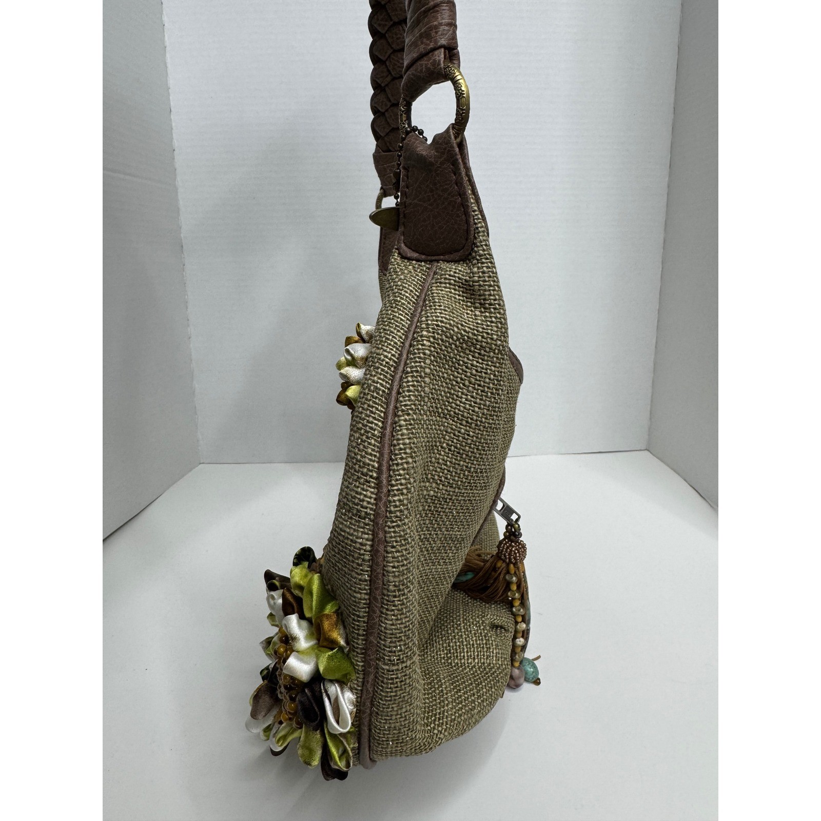 Mary Frances Olive Green Burlap Floral Embellished Beaded Hobo Bag Brown Braided