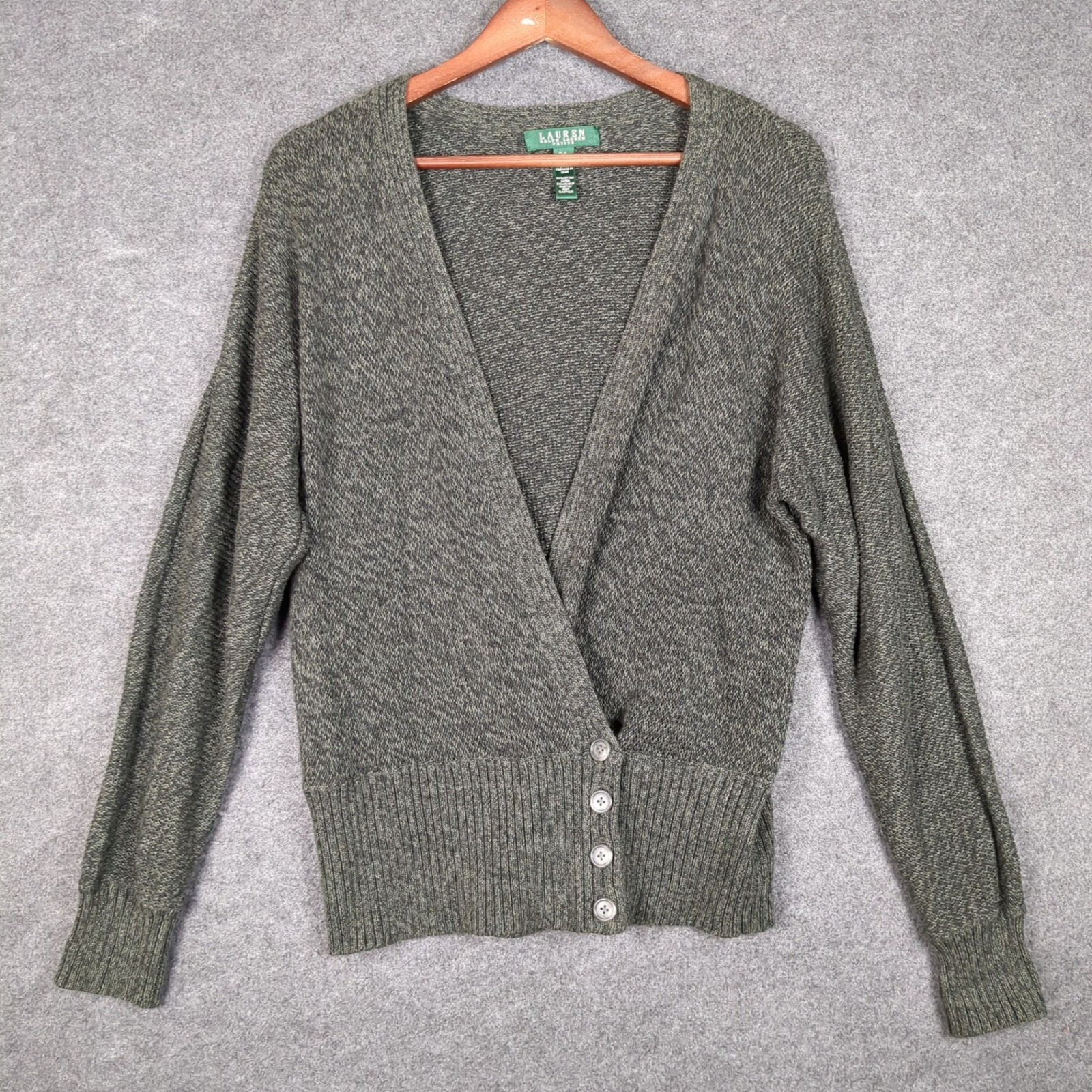 Ralph Lauren Petite Large Olive Green Marl Cotton Surplice Cardigan Sweater