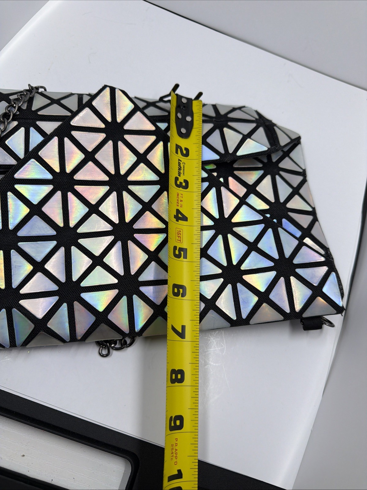 Geometric Iridescent Shoulder Bag Chain Strap Silver Black Collapsible Fashion