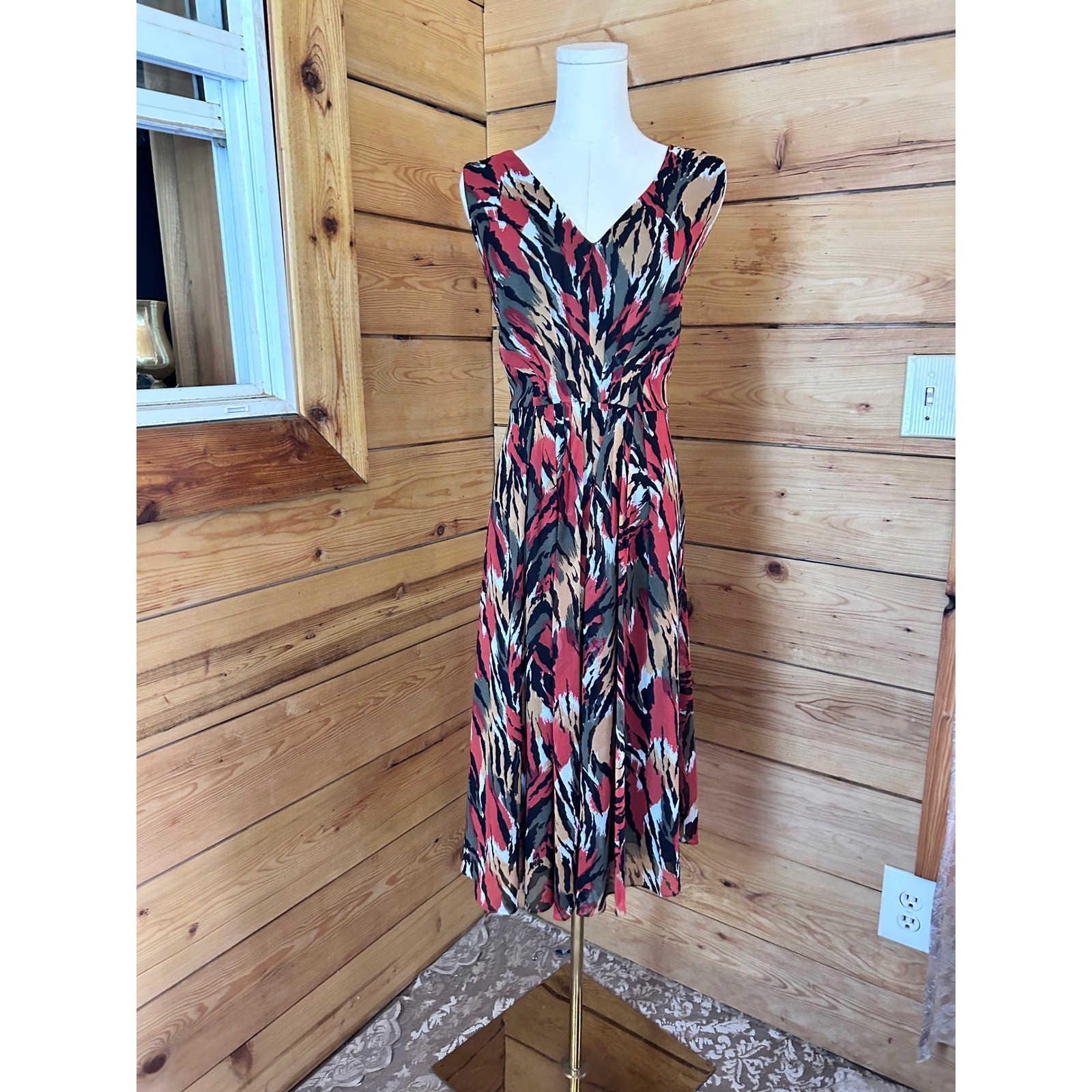 Abstract Print Midi Dress Womens Size 14 Olive Green Georgette Anne Klein Garden