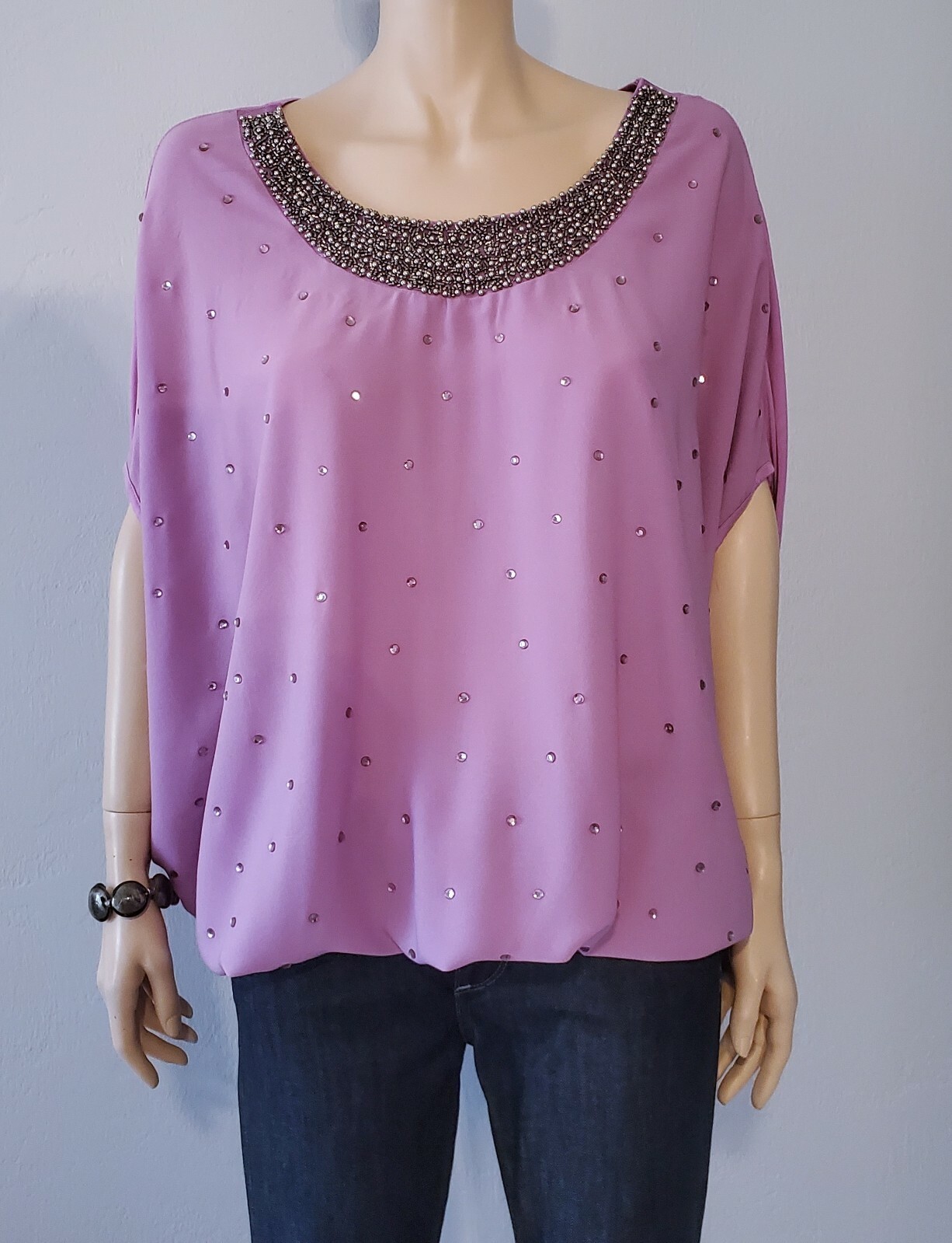Vertigo Glam Beaded Rhinestone Dolman Sleeve Blouse Purple Party Top XL NWT $140