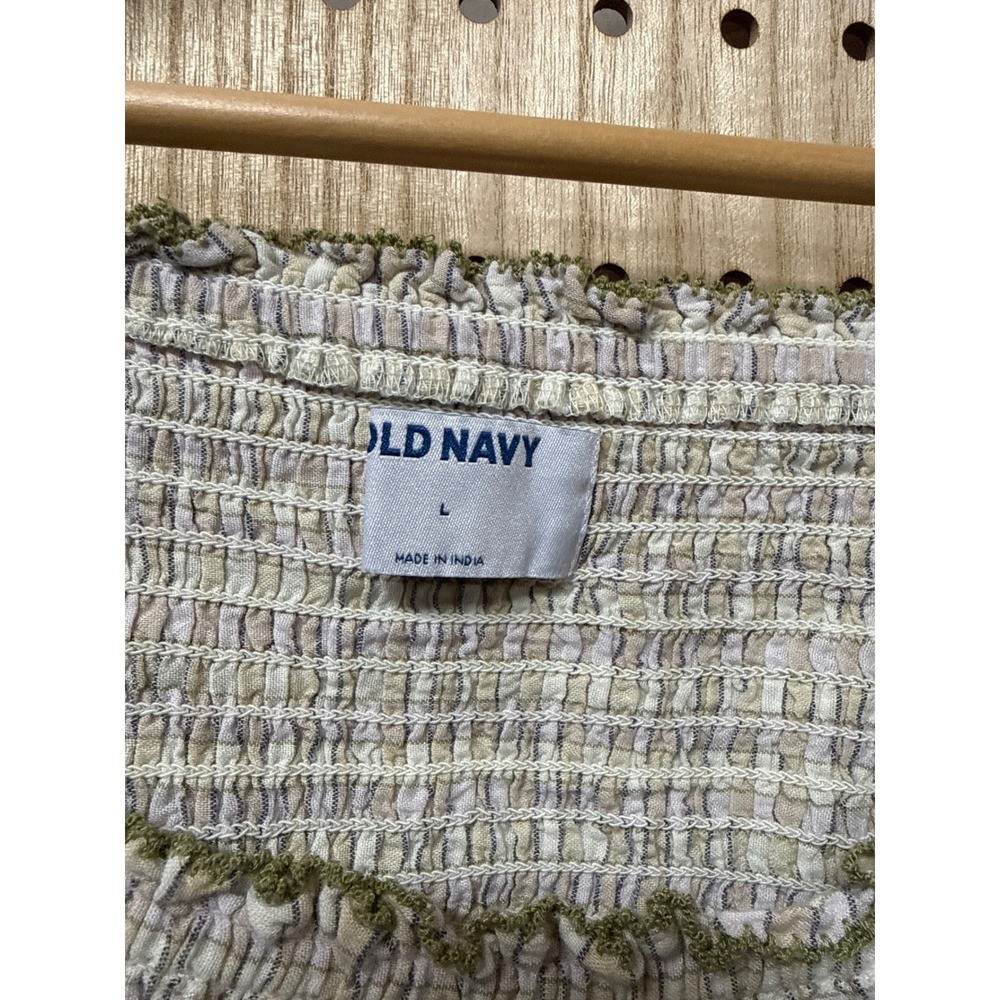 Old Navy Womens Large Plaid Smocked Peplum Puff Sleeve Blouse Cream Olive Green