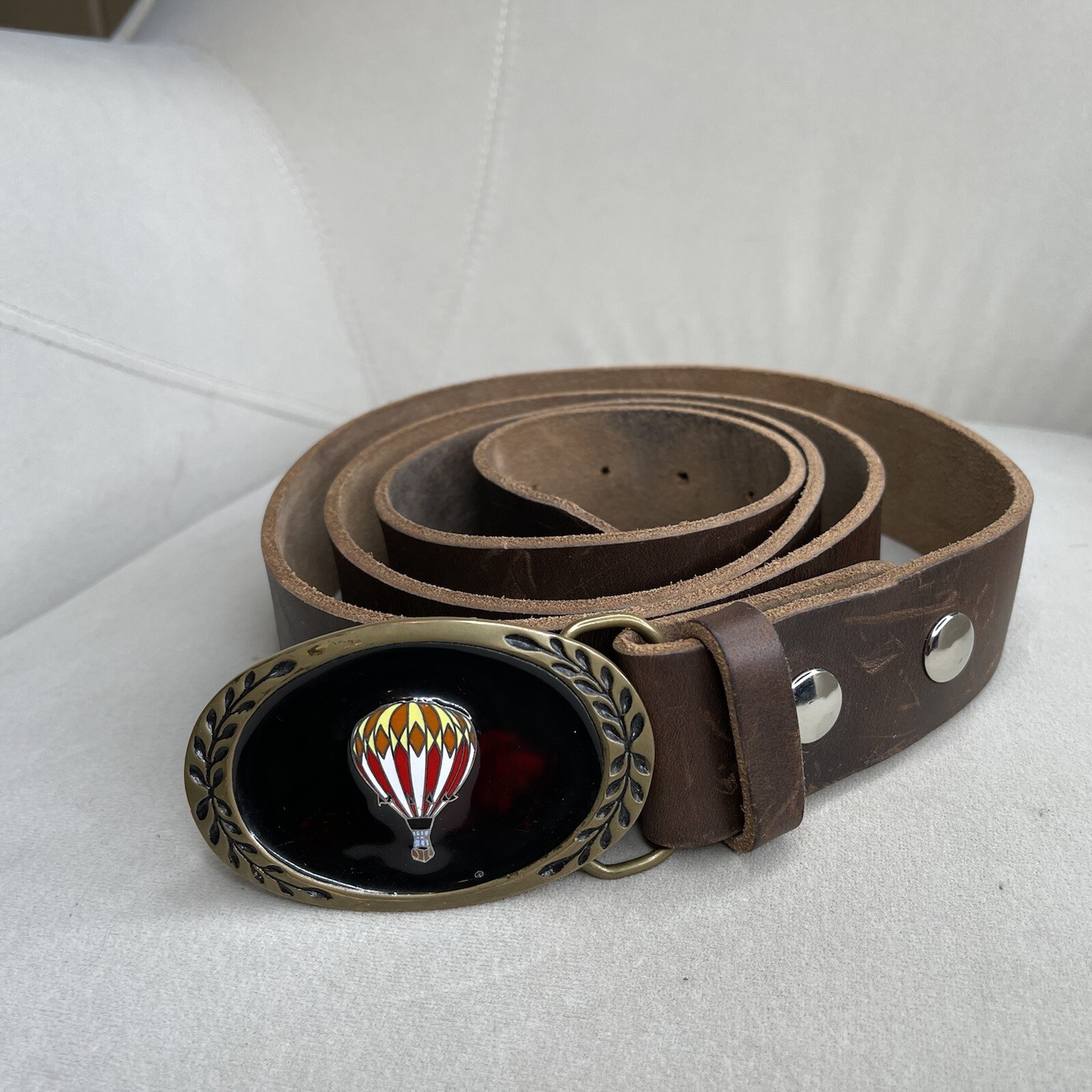 VTG hot air balloon belt buckle Solid Brass On Dark Brown Leather Belt 47-53in
