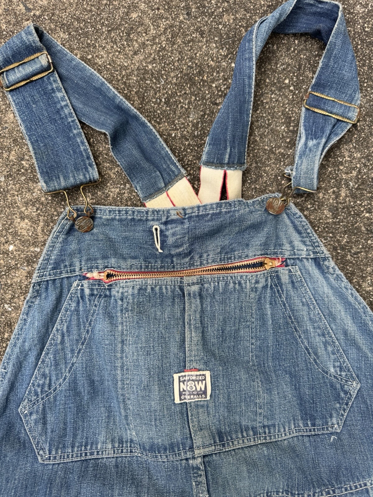 True Vintage 40s N&W Denim Bib Work Overalls Low Half Back Farm Repairs Rare 38