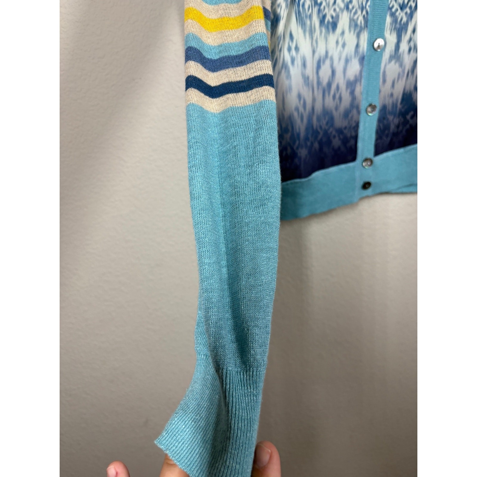 Sundance Small Ikat Joy Cardigan Sweater Blue Linen Silk Rayon Blend Button Up