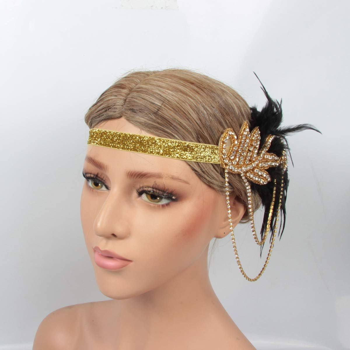 1920S Flapper Headband Roaring Vintage Feather Headpiece Gold Bling Rhinestone 2