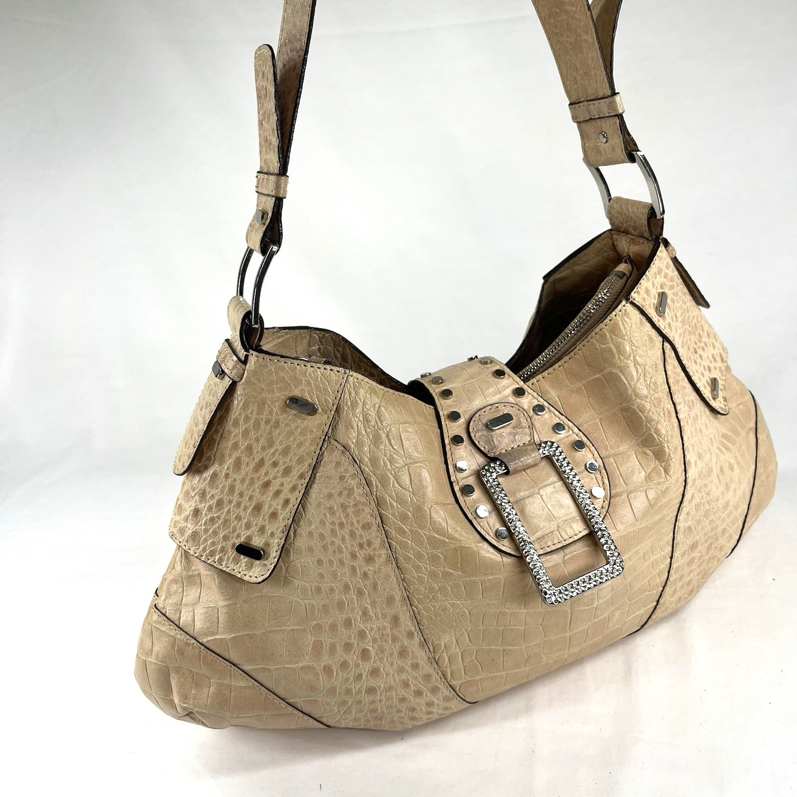 Vintage GUESS Y2K Beige Croc Embossed Logo Hobo Bag Studded Rhinestone Buckle