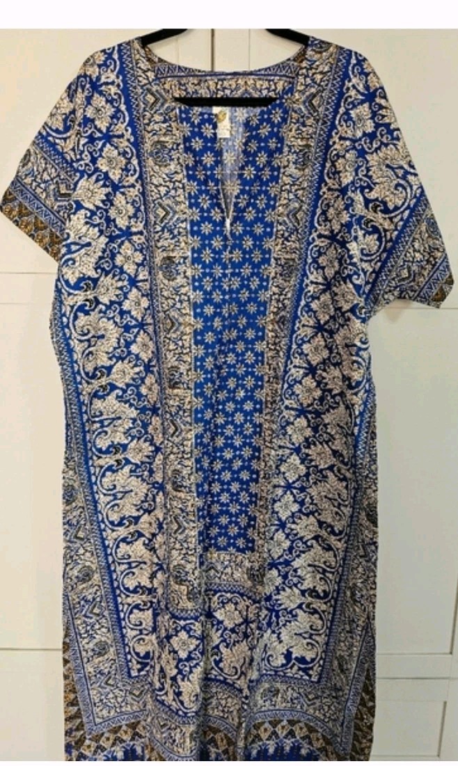 Batik Art 100% Cotton Blue Batik Caftan OSFM VTG POCKETS Boho Lounge Unworn