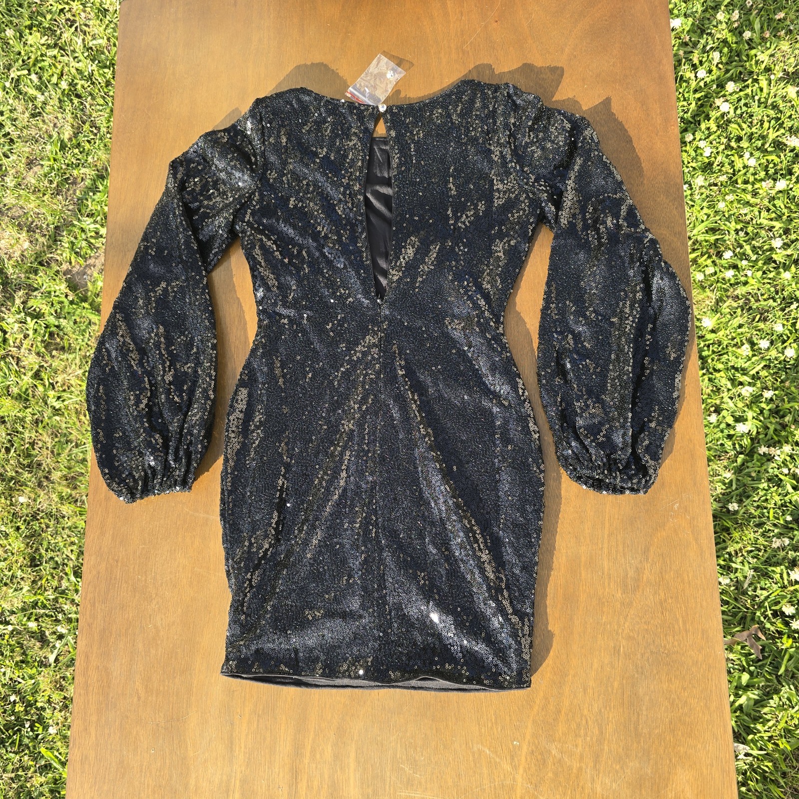 LILOU Black Sequin Sheath Mini Dress Balloon Long Sleeve Party/Cocktail S