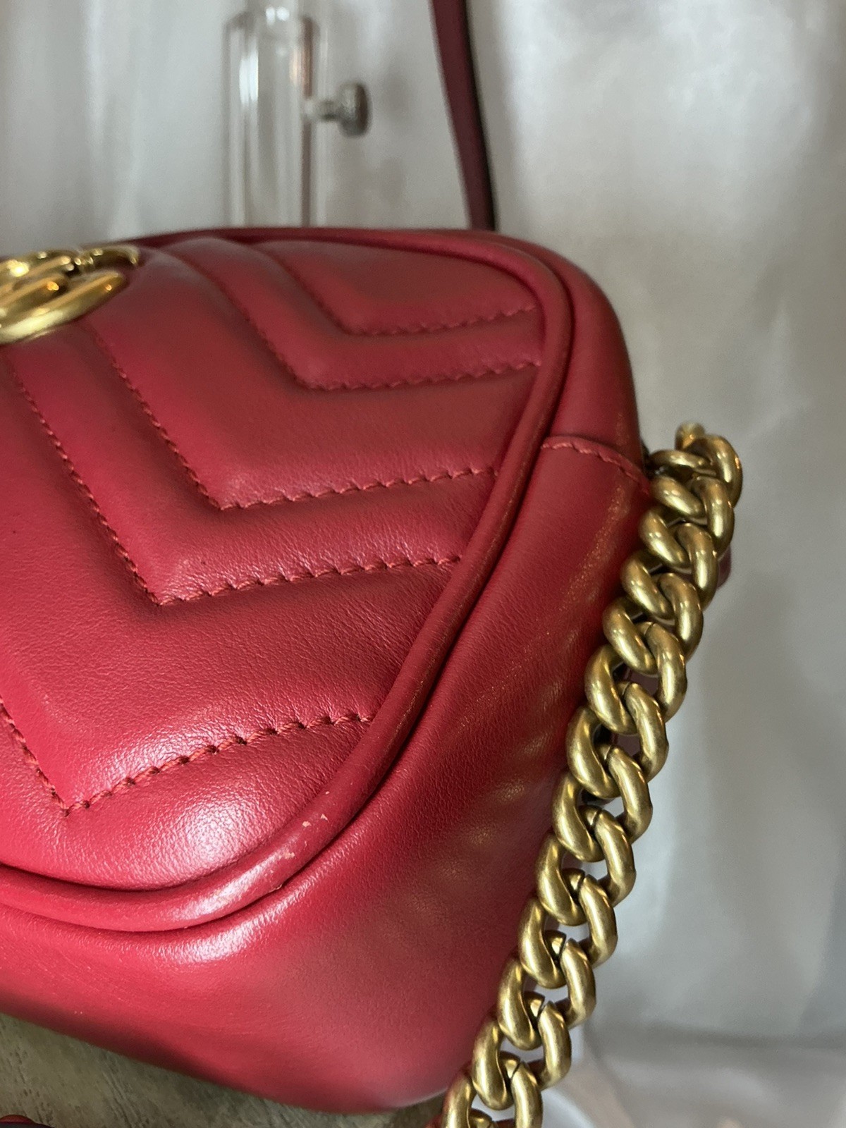Authentic Gucci GG Marmont 2.0 Red Leather Chevron Camera Crossbody w COA