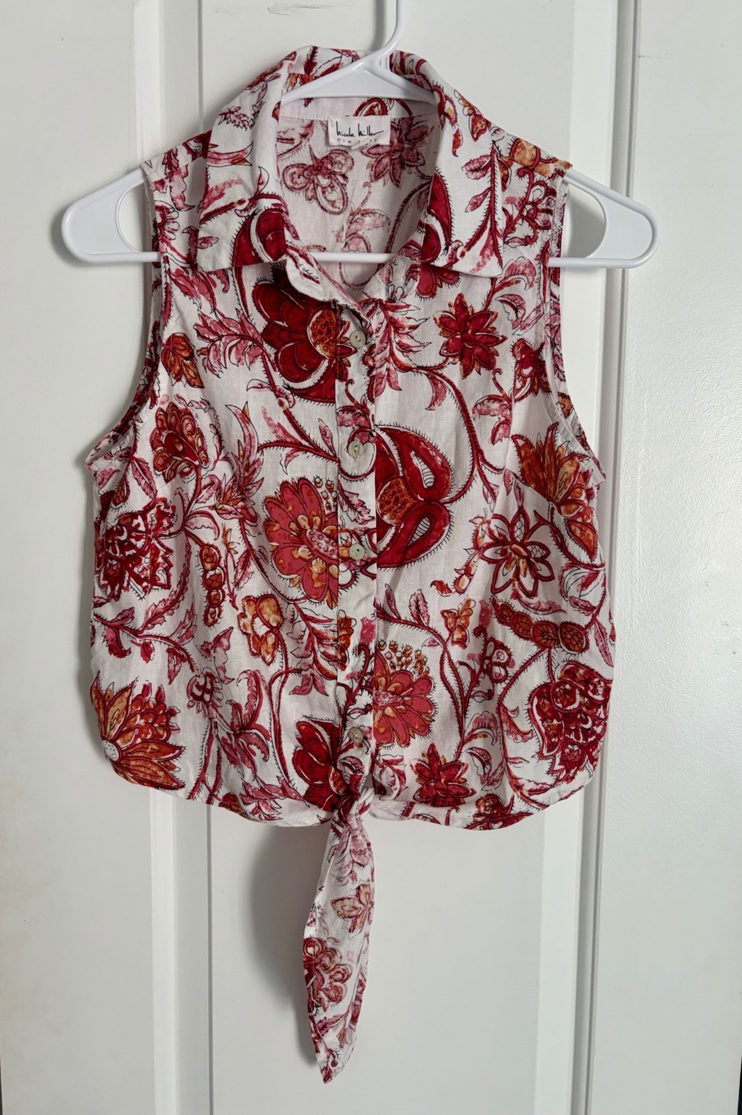Nicole Miller New York Linen Blend Floral Tie Front Sleeveless Blouse S