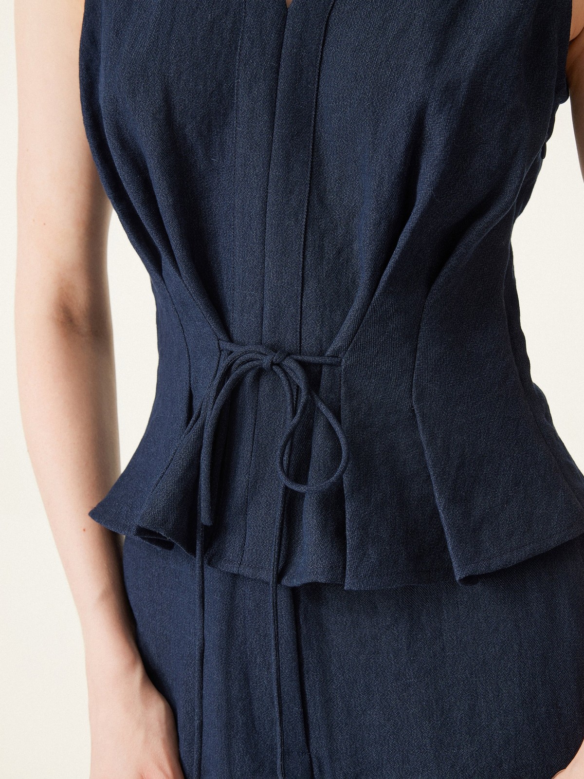 OGL Collared V-neck Pleated Sleeveless Top with Drawstring