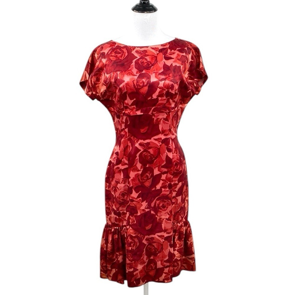Vintage 50s Women’s Medium Red Pink Rose Floral Cocktail Dress Size Ruffle Hem