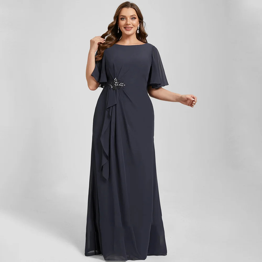 Navy Blue Scoop Mother of Bride Dresses with Chiffon Half Sleeve Wedding