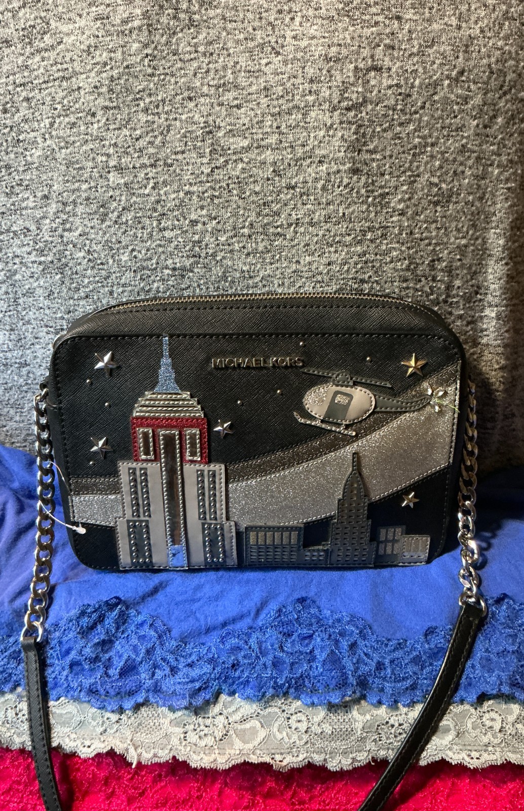 Michael Kors New York City Skyline & Chopper Stars Saffiano Leather ZipCrossbody