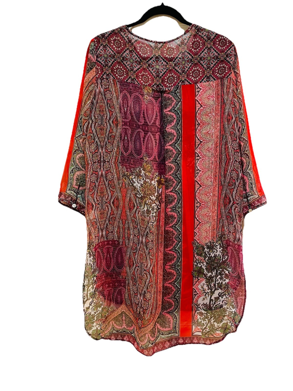 FIG & FLOWER ANTHROPOLOGIE Multicolor Sheer Boho 3/4 Length Tunic Shirt Sz L