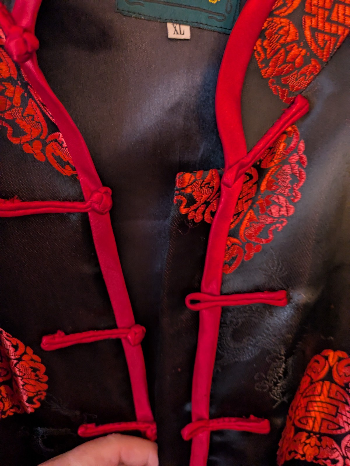 YHSL Mens XL (42″) Asian Jacket Dragon Black Red Knot Frog Closure Lined Pocket