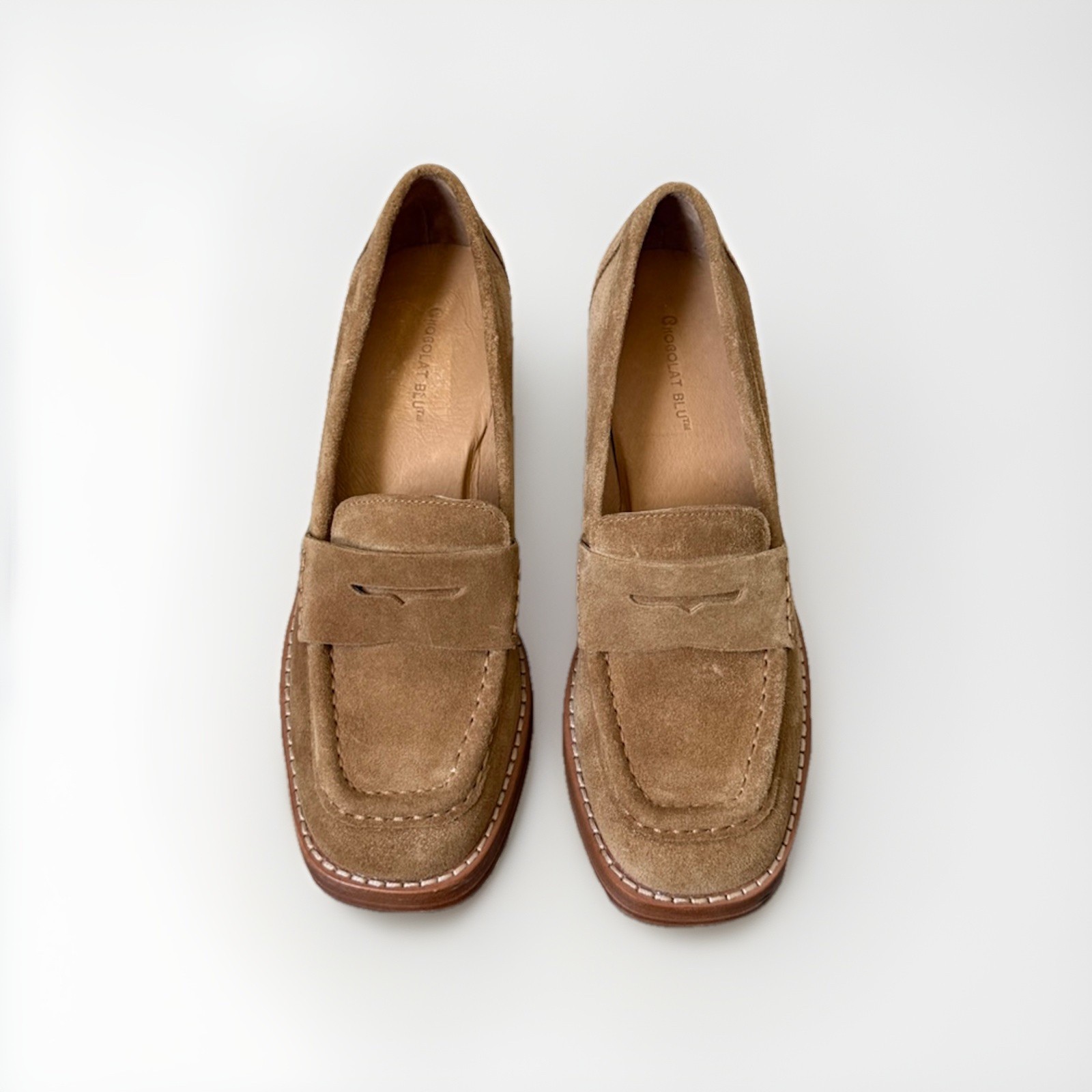 Chocolat Blu Penny Loafer Pump Heels Womens Size 8 Tan Suede Leather